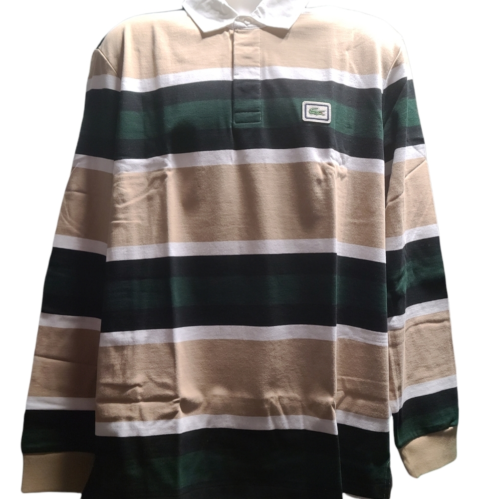 Lacoste Green and Tan Striped Polo Shirt